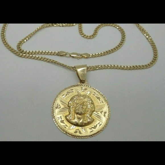 14K Gold Cuban link chain with Jesus Pendant NICE! - Picture 2 of 12